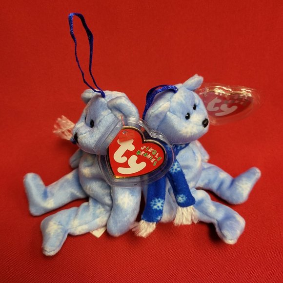 1999 Holiday Teddy The Blue Bear Ty Jingle Beanies Plush Ornament Set of 2 - Picture 2 of 13